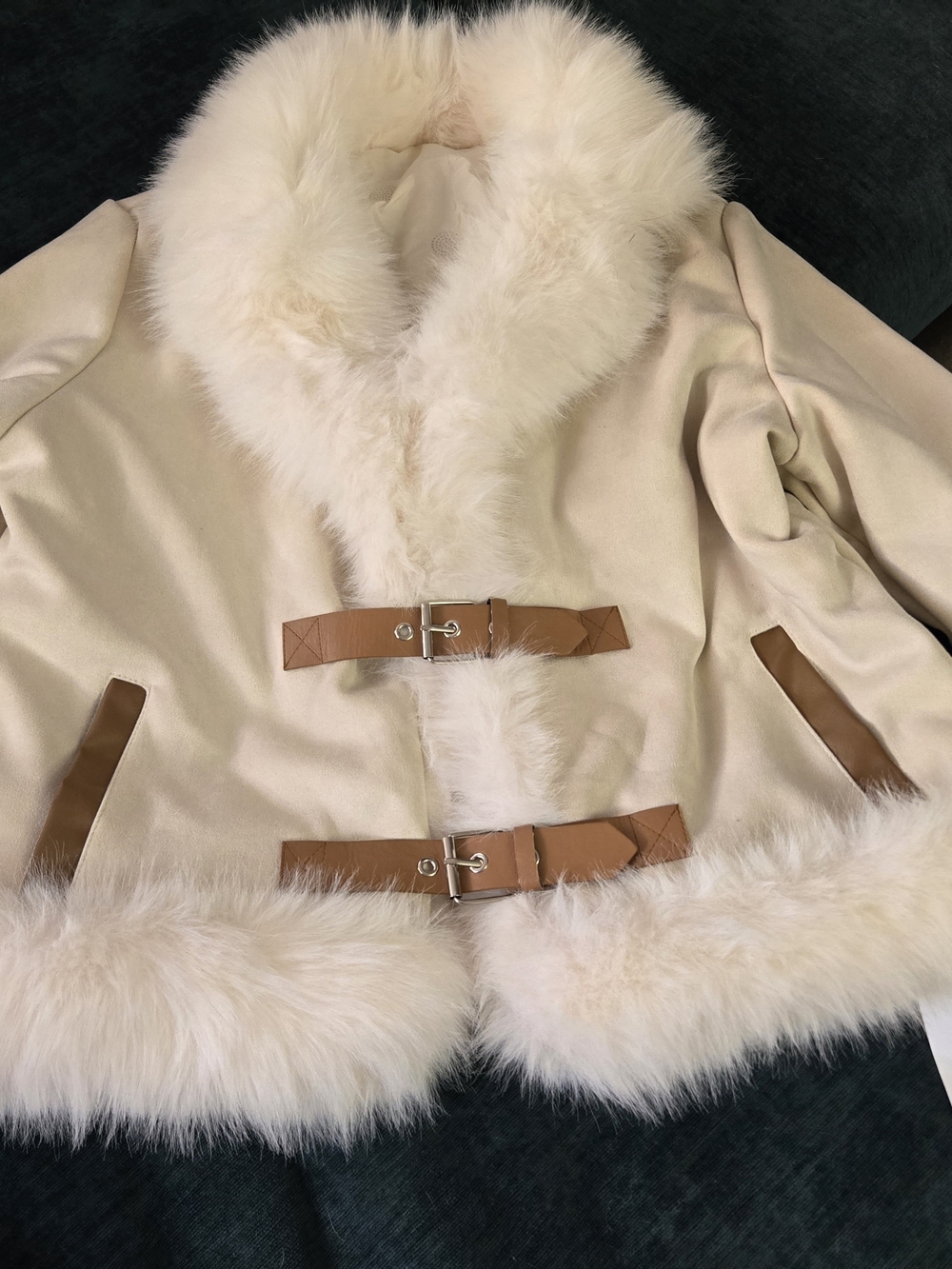 Cream Faux Fur Trim Coat with Tan Buckle Details